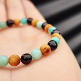 Adults Elastic Bracelet - Polished Cherry Amber & Pine Wood + Amazonite