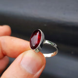 (Q) Solid Sterling Silver & Red Garnet Oval Stone Handmade Solitaire Ring