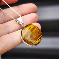 Solid Sterling Silver & Natural Tiger Eye Handmade Round Pendant Necklace