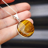 Solid Sterling Silver & Natural Tiger Eye Handmade Round Pendant Necklace