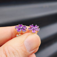 Natural Amethyst & Solid Silver Flower Stud Earrings