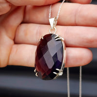 Solid Sterling Silver & Natural Amethyst Handmade Claw Oval Pendant Necklace