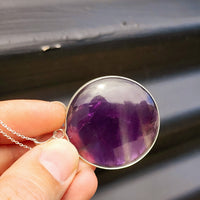 Solid Sterling Silver & Natural Amethyst Handmade XL Round Pendant & Chain Necklace