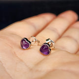 Natural Amethyst & Solid Silver Heart Stud Earrings