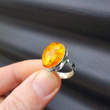 (T) Solid Sterling Silver & Natural Baltic Amber Handmade Oval Solitaire Ring