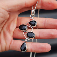 Solid Sterling Silver & Natural Black Onyx Handmade Multi Setting Wave Necklace