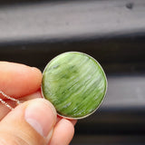 Solid Sterling Silver & Natural Nephrite Greenstone Handmade Round Pendant Necklace