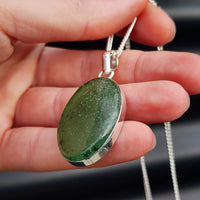 Solid Sterling Silver & Natural Nephrite Greenstone Handmade Oval Pendant Necklace