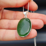 Solid Sterling Silver & Natural Nephrite Greenstone Handmade Oval Pendant Necklace