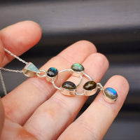 Solid Sterling Silver & Natural Labradorite 5 Setting Handmade Necklace