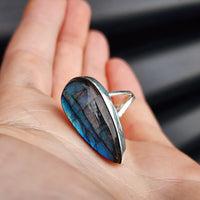 (O) Solid Sterling Silver & Natural Labradorite Rustic Waterdrop Handmade Solitaire Ring