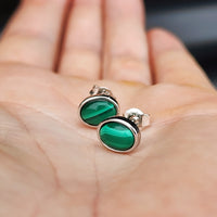 Natural Malachite & Solid Silver Oval Stud Earrings