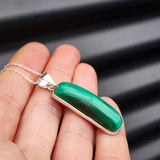 Solid Sterling Silver & Natural Malachite Handmade Rectangle Pendant & Chain Necklace