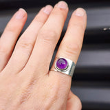 (T) Solid Sterling Silver & Natural Amethyst Wide Band Cuff Handmade Ring