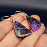 Solid Sterling Silver & Natural Charoite Handmade Hanging Hook Earrings