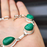 Solid Sterling Silver & Natural Malachite Stone Handmade Chain Bracelet