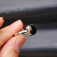 (Q) Solid Sterling Silver & Natural Black Onyx Handmade Cushion Solitaire Ring