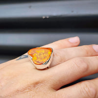 (Q) Solid Sterling Silver & Rustic Natural Baltic Amber Heart Handmade Ring