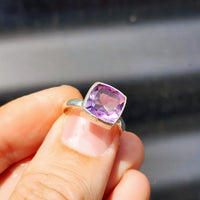 (Q) Solid Sterling Silver & Square Rustic Amethyst Stone Handmade Solitaire Ring