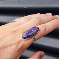 (T) Solid Sterling Silver & Natural Charoite XL Oval Handmade Solitaire Ring