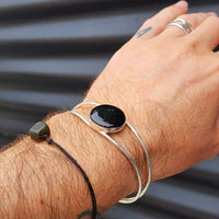 Solid Sterling Silver & Natural Black Onyx Handmade Cuff Bracelet