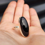 (T) Solid Sterling Silver & Long Oval Black Onyx Handmade Solitaire Ring