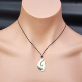 Natural Hand Carved Maori Bone Carving Pendant Necklace - Hook With Paua Inlay