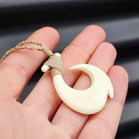 Natural Hand Carved Maori Bone Carving Pendant Necklace - Hook With Tan Binding