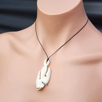 Natural Hand Carved Maori Bone Carving Pendant Necklace - Double Hook With Paua Inlay