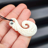 Natural Hand Carved Maori Bone Carving Pendant Necklace - Manaia With Paua Inlay