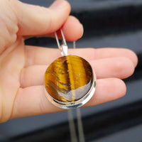 Solid Sterling Silver & Natural Tiger Eye Handmade Oval Pendant & Chain Necklace