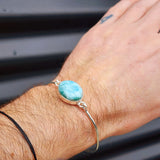 Solid Sterling Silver & Natural Larimar Handmade Bangle Bracelet