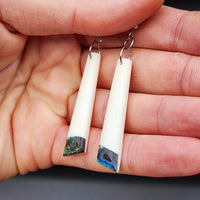 Natural Hand Carved Maori Bone Carving Earrings - Rectangle Drops With Paua Bottoms