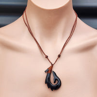 Black Stained Hand Carved Maori Bone Carving Pendant Necklace - Whale Tail Hook