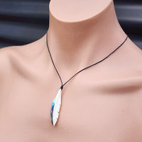 Natural Hand Carved Maori Bone Carving Pendant Necklace - Feather With Paua Inlay