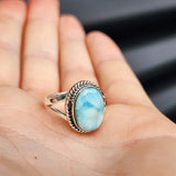 (R) Solid Sterling Silver & Natural Larimar Handmade Solitaire Ring