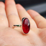 (O) Solid Sterling Silver & Red Garnet Oval Stone Handmade Solitaire Ring