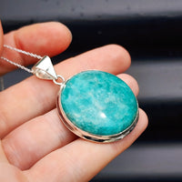 Solid Sterling Silver & Natural Amazonite Handmade Round Pendant & Chain Necklace