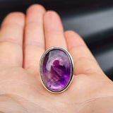 (Q) Solid Sterling Silver & Natural Amethyst Oval Handmade Solitaire Ring