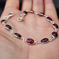 Solid Sterling Silver & Natural Garnet Handmade Chain Bracelet