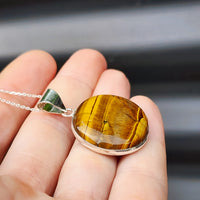 Solid Sterling Silver & Natural Tiger Eye Handmade Round Pendant Necklace