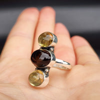 (Q) Solid Sterling Silver & Natural Two Tone Citrine Stone Handmade Ring