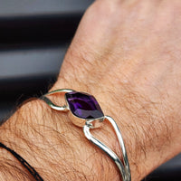 Solid Sterling Silver & Natural Amethyst Handmade Cuff Bracelet