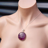 Solid Sterling Silver & Natural Amethyst Handmade XL Round Pendant & Chain Necklace