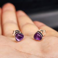 Natural Amethyst & Solid Silver Heart Stud Earrings