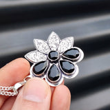 Solid Sterling Silver & Natural Black Onyx Handmade Flower Necklace