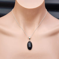 Solid Sterling Silver & Natural Black Onyx Handmade Pendant & Chain Necklace