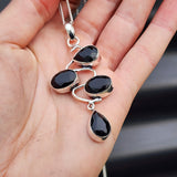 Solid Sterling Silver & Natural Black Onyx Handmade Multi Setting Wave Necklace