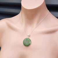 Solid Sterling Silver & Natural Nephrite Greenstone Handmade Round Pendant Necklace