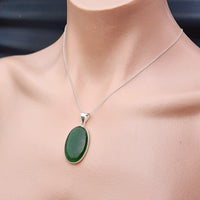 Solid Sterling Silver & Natural Nephrite Greenstone Handmade Oval Pendant Necklace